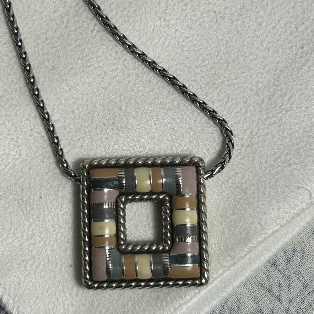 Brighton Cabana Necklace Neutral Tones Square Pendant Silver Plated 18"L - Picture 9 of 15
